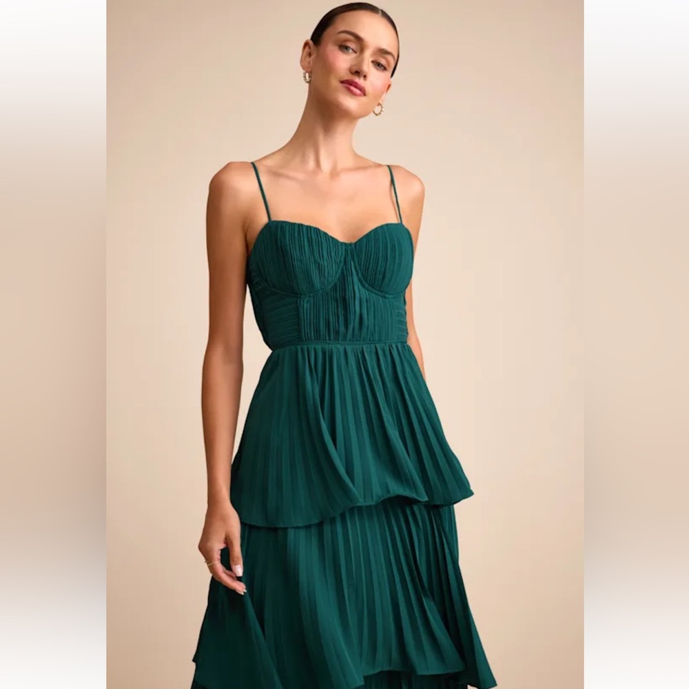 Lulus Cascading Crush Emerald Tiered Bustier Midi Dress - Picture 2 of 9